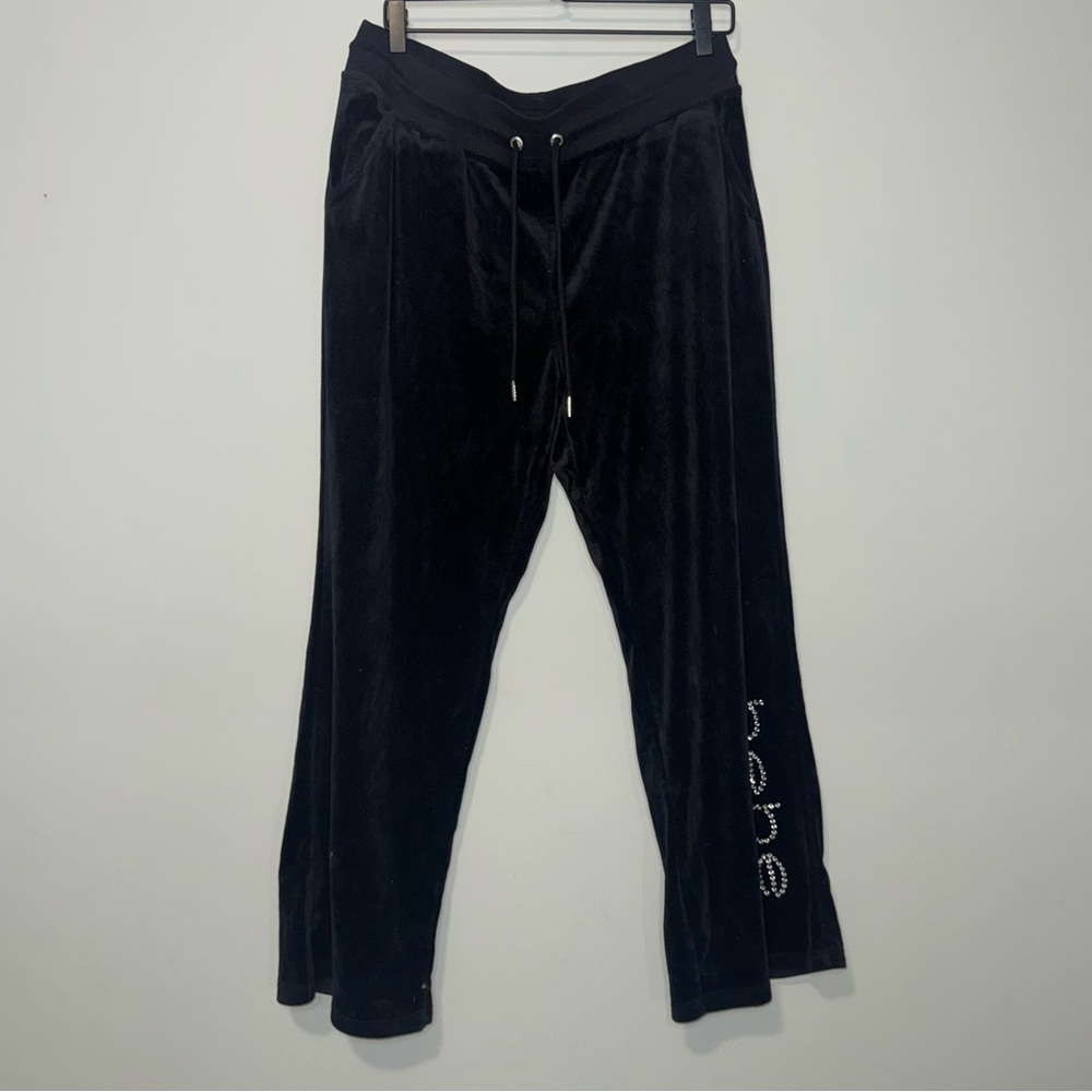 Bebe Sport Black Velour Track Pants Rhinestone Logo Y2K Velvet Joggers XL